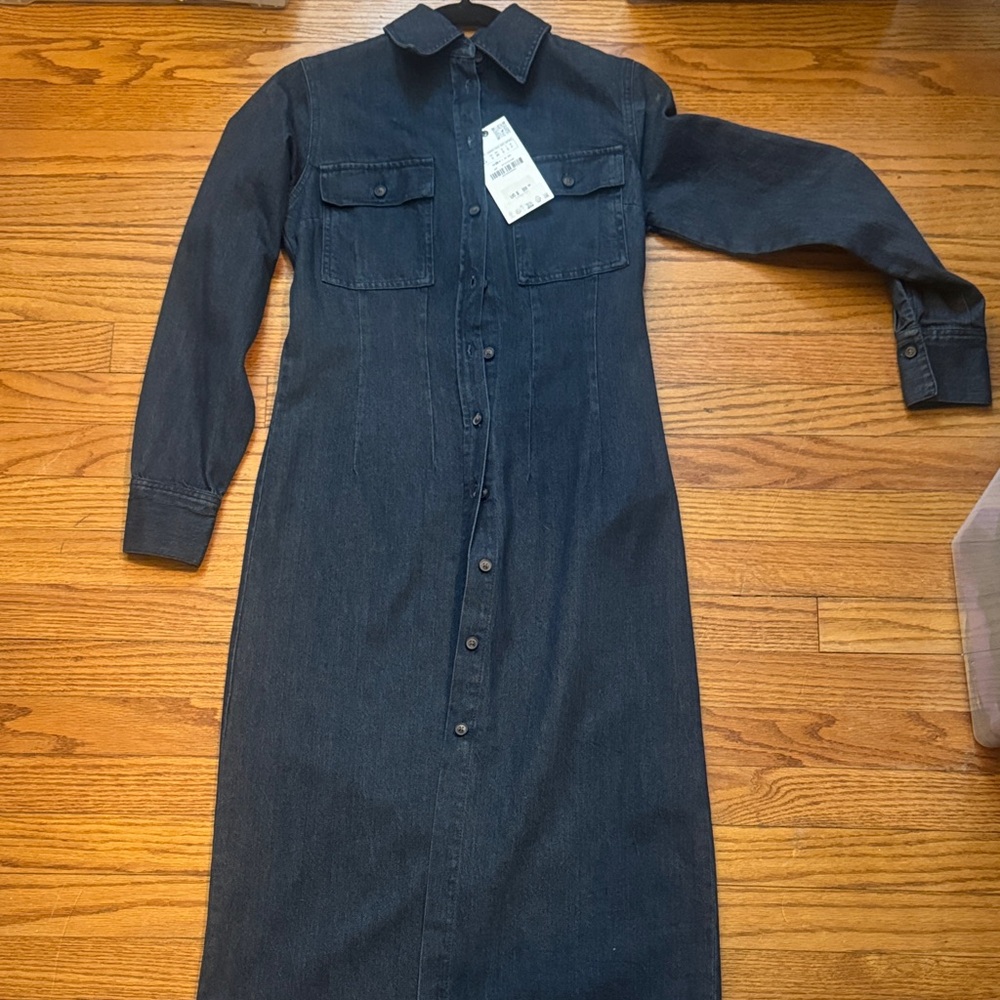 Zara Dark Denim Long-Sleeve Shirt Dress